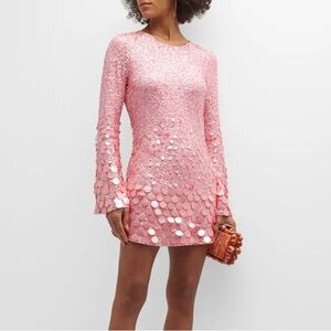LoveShackFancy Lightning Bell-Sleeve Sequin Mini Dress in Pink